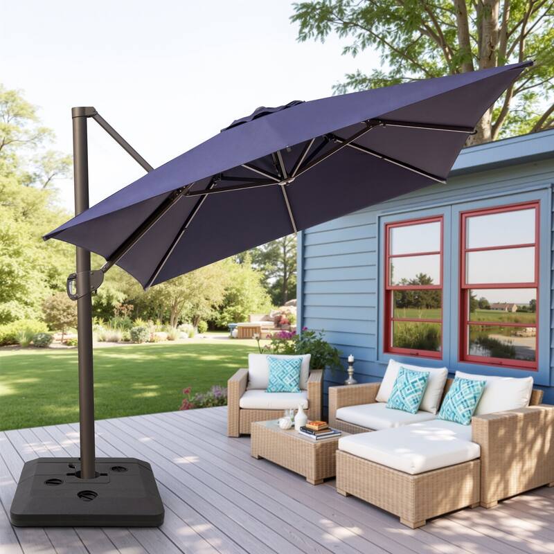 13 ft x 10 ft Outdoor Aluminum Patio Cantilever Offset Umbrella with Base - Navy Blue