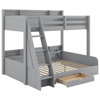 Twin over Full Bunk Bed with Storage Shelves, LED, Charging Station and a Drawer