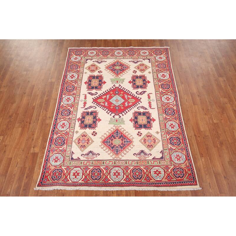 Beige Kazak Oriental Area Rug Handmade Traditional Wool Carpet - 4'10" x 5'9"