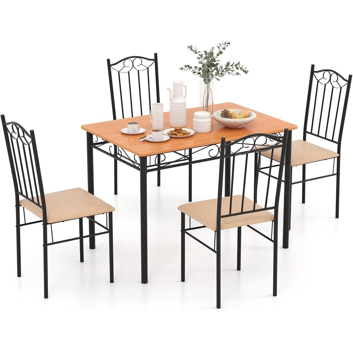 5-Piece Vintage Rectangular Dining Table Set with 4 Padded Chairs, Compact for Small Spaces, Natural Finish