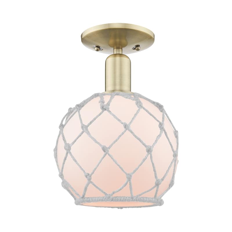 Innovations Lighting 716-1C-12-8 Farmhouse Rope Semi-Flush Farmhouse - Antique Brass / White Glass with White Rope