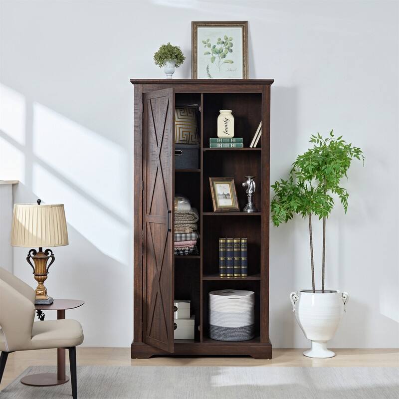 Tall Barn Door Kitchen Pantry Storage Cabinet with Adjustable Shelves for Kitchen and Living Room