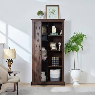 Tall Barn Door Kitchen Pantry Storage Cabinet with Adjustable Shelves for Kitchen and Living Room