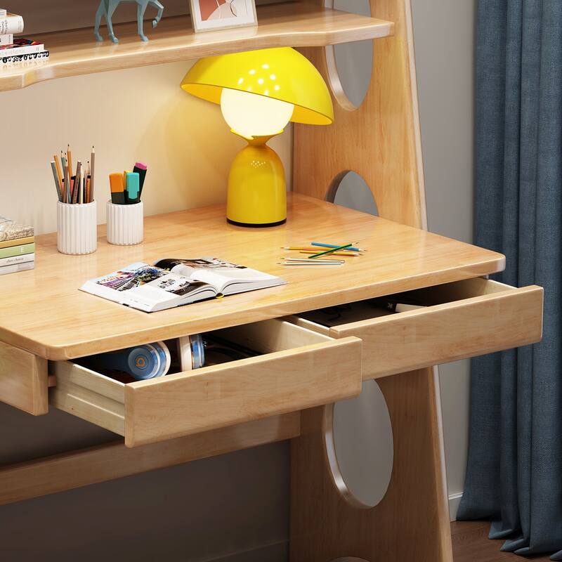 Natural Wood 2-Drawer Kids Desk with Hutch