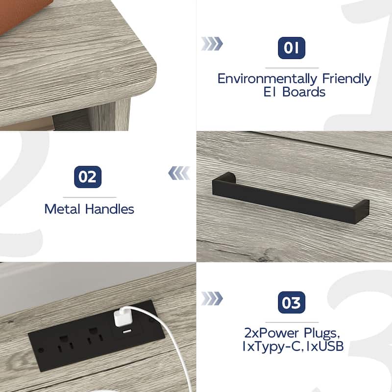 Nightstand with Charging Station,2 USB,Type C,Drawer,Adjustable Shelf
