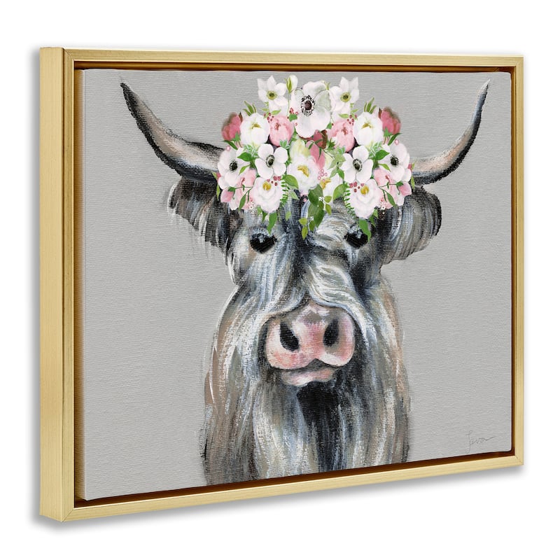 Stupell Shabby Chic Cattle with Garland Framed Floater Canvas Wall Art Design By Janet Tava