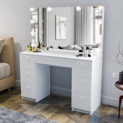 Boahaus Freya White 7-drawer Vanity Dressing Table with Lighted Mirror