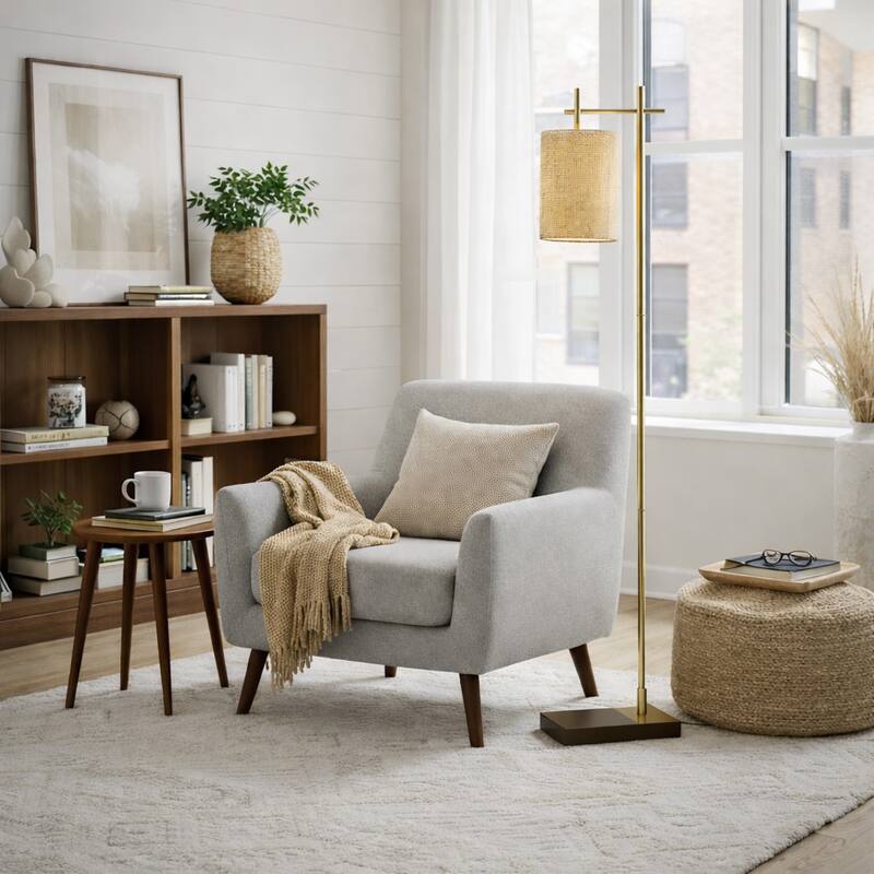 Gattie Brass Floor Lamp with Rattan Shade and Rectangular Base