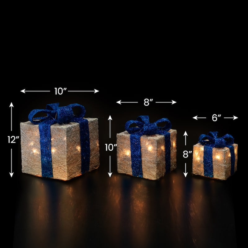 Set of 3 Silver Blue Lighted Gift Boxes Outdoor Christmas Yard Decor