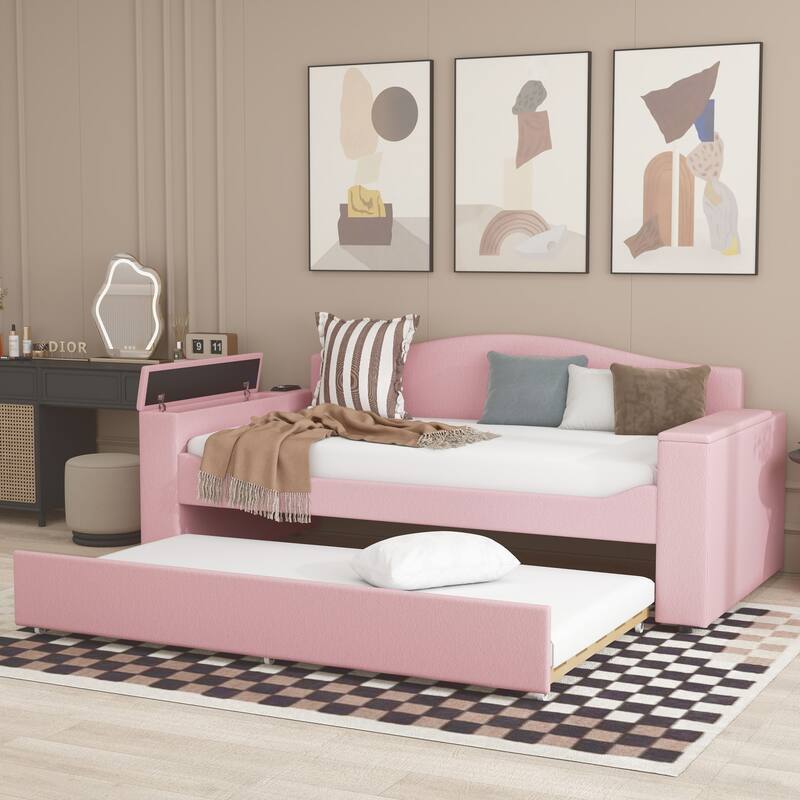 Sofa bed with storage arms, trundle bed and Bluetooth stereo