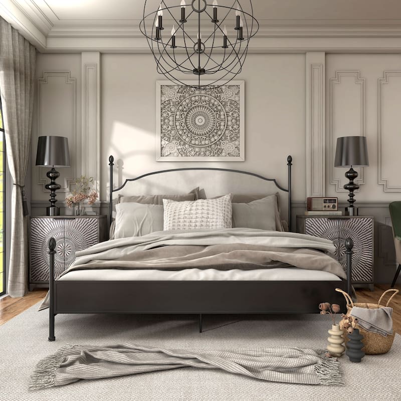The Gray Barn Epona Modern Curved Metal Four Poster Bed - Beige Boucle - King