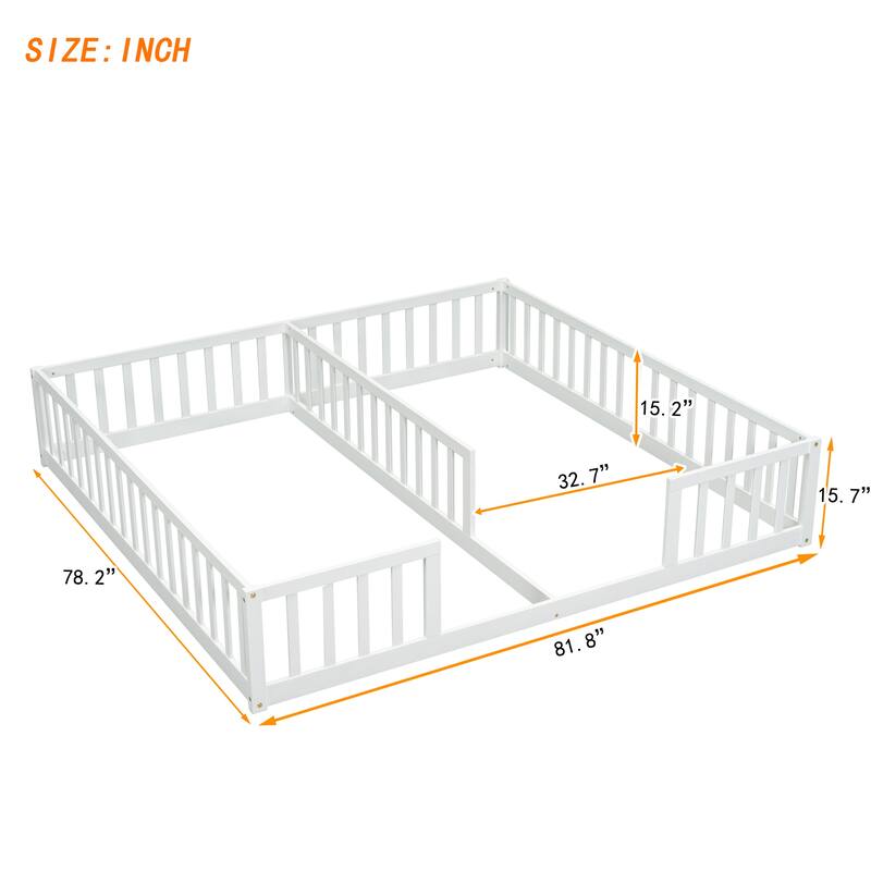 Double Twin Floor Bed with Fence, Guardrails, without door
