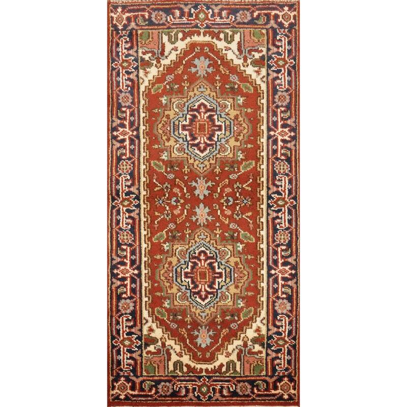 Hand Knotted Oriental 100% Wool Carpet Traditional Geometric Oranges & Rust Heriz (serapi) Runner Rug - 5' 9'' X 2' 5''