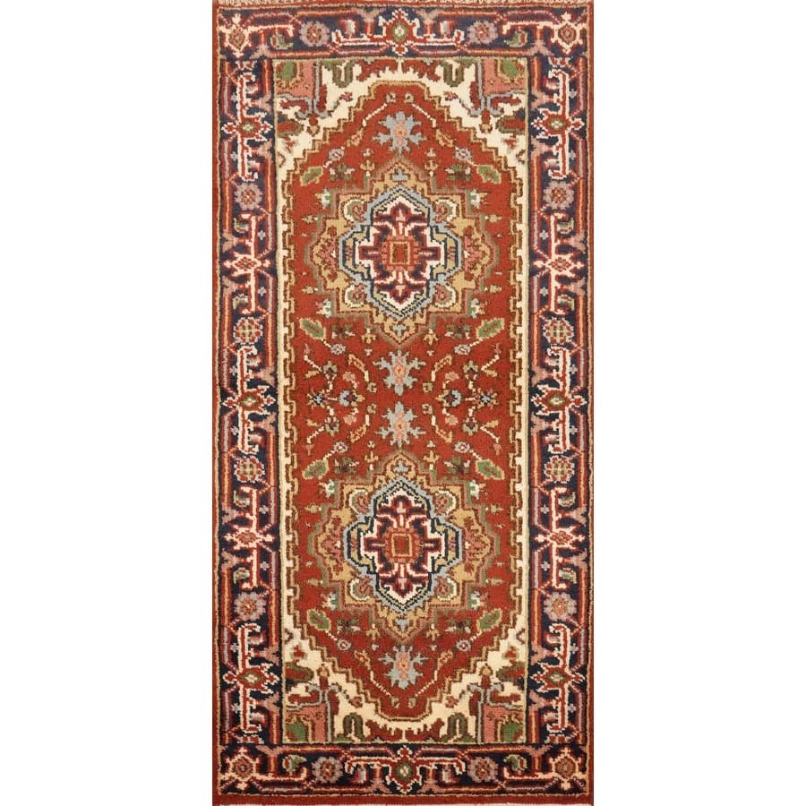 Hand Knotted Oriental 100% Wool Carpet Traditional Geometric Oranges & Rust Heriz (serapi) Runner Rug - 5' 9'' X 2' 5''
