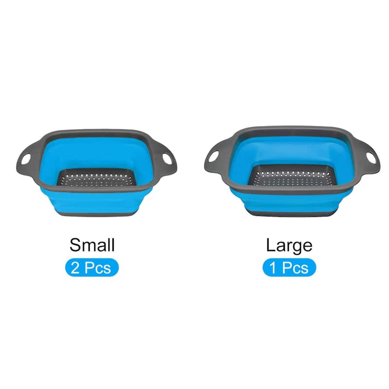 Collapsible Colander Set 3 Pcs Silicone Foldable Strainer - Blue - 29cm x 22cm x 9cm