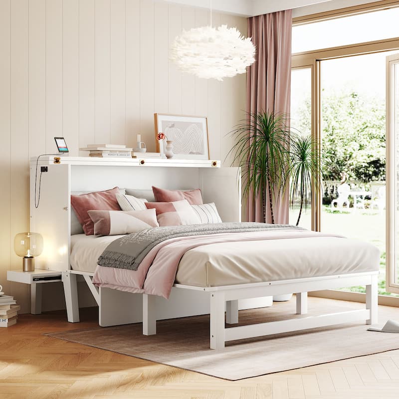 Queen Size Murphy Bed with USB Port, Solid Wood Murphy Chest Bed, Platform Murphy Bed Frame with Removable Shelves On Each Side - White - Queen