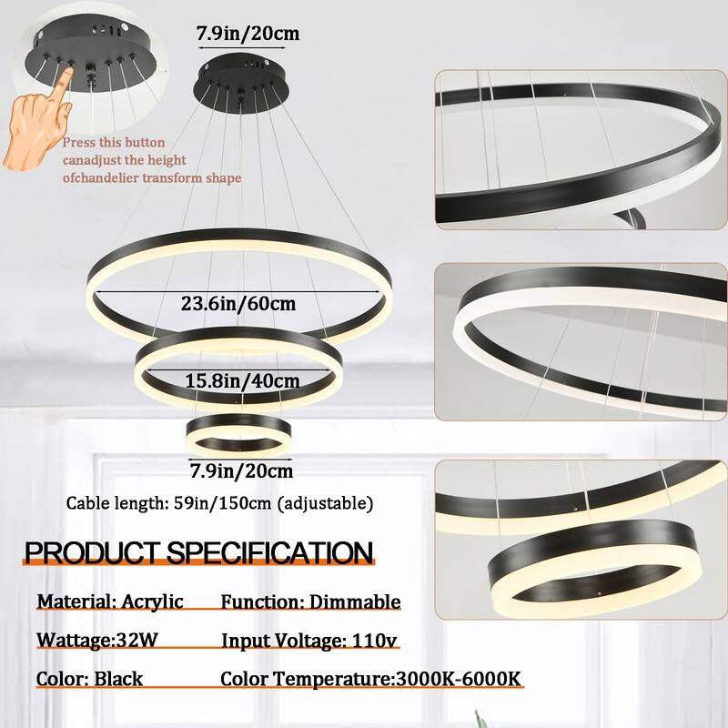 3-Rings Chandelier Modern LED Chandelier Black,Tiered 6 Ring LED Light