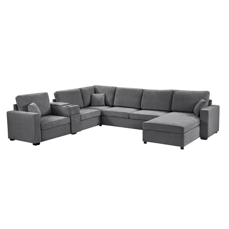 Modern 5-Seat Modular U-Shaped Sectional Sofa with Chaise, Storage Drawer, Built-In Cup Holders and Throw Pillows