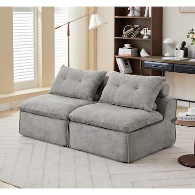 Light Gray Modular 2-Seat Upholstered Sofa, DIY, No Armrests