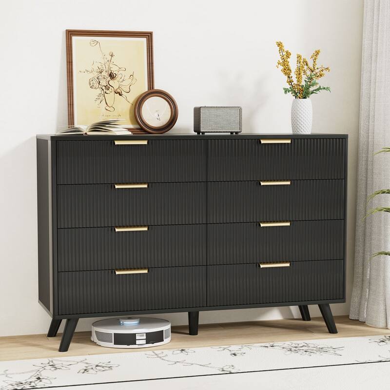 Gymojoy 8 Drawer Fluted Dresser for Bedroom, Modern Wave Pattern Wood Chest with Gold Handles, Boho Storage Dresser