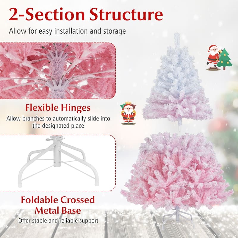 Gymax Artificial Christmas Tree Hinged Snow Flocked Xmas Tree w/ Lush - Pink, White