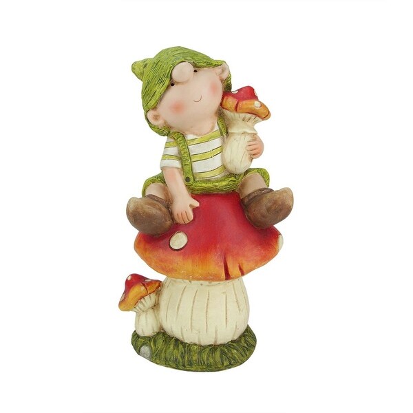 19.75" Young Boy Gnome Sitting on a Mushroom Spring Outdoor Garden Patio Figure