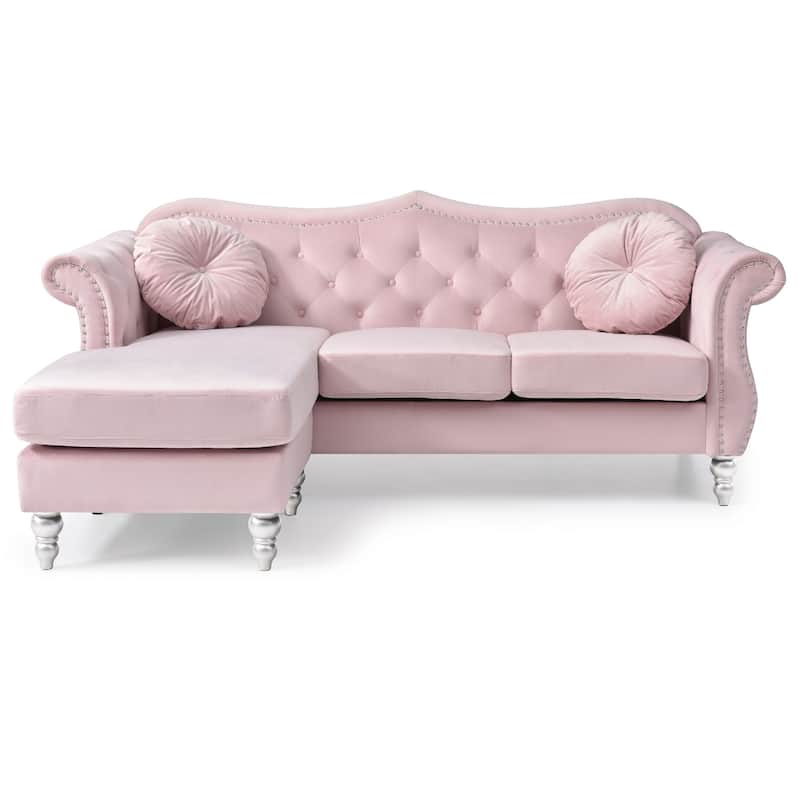 Tufted Velvet Chesterfield Sectional Sofa with Throw Pillows - 81" - Pink