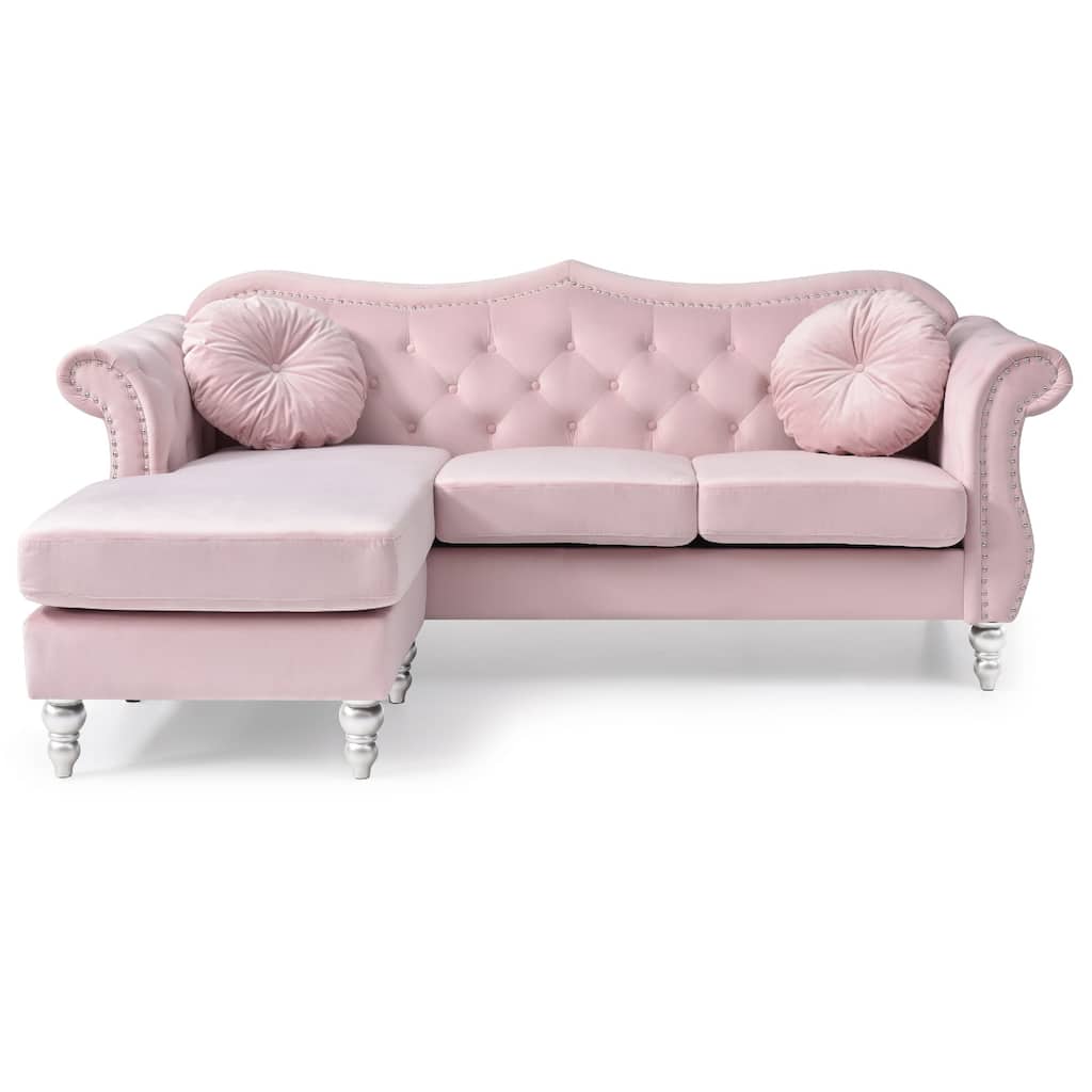 Tufted Velvet Chesterfield Sectional Sofa with Throw Pillows - 81" - Pink