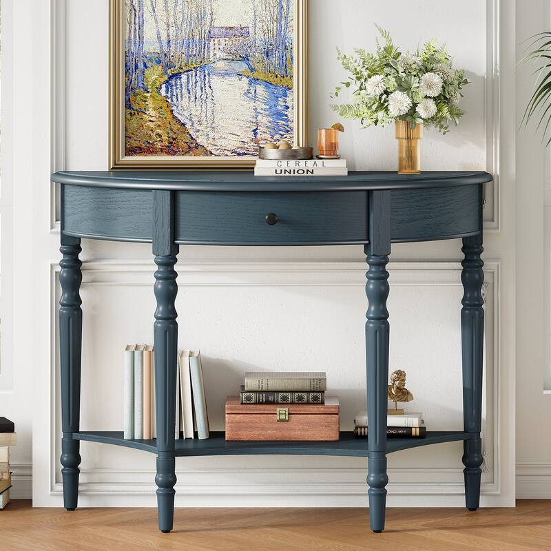39" Farmhouse Half Moon Console Table with 1 Drawer and Shelf