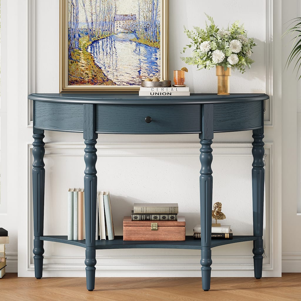 Farmhouse Half Moon Console Table with Drawer & Shelf - Sofa Table in Navy