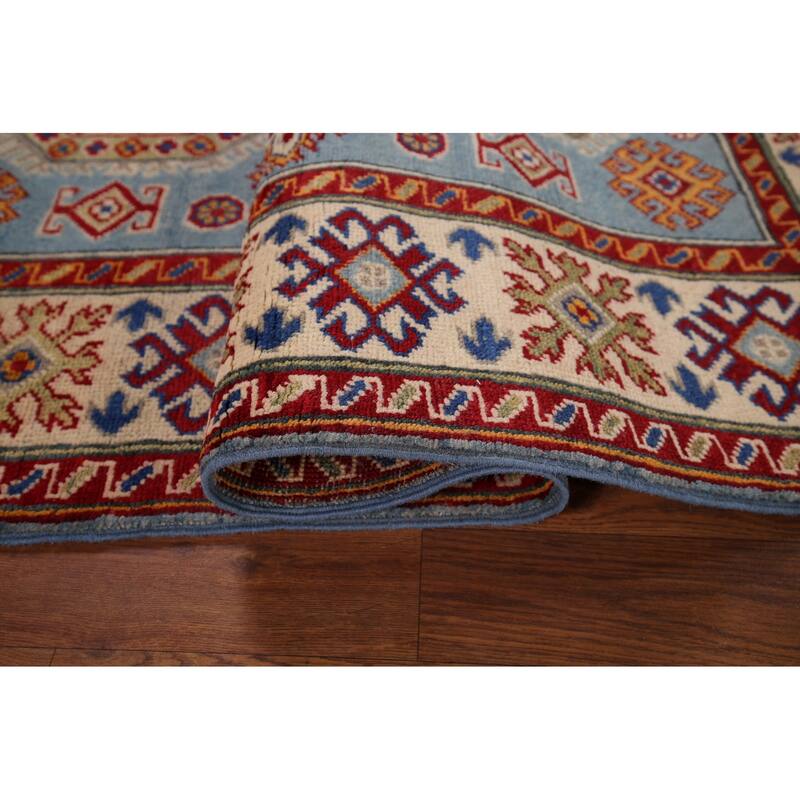 Blue Geometric Kazak Foyer Rug Bedroom Handmade Wool Carpet - 4'1" x 5'10"