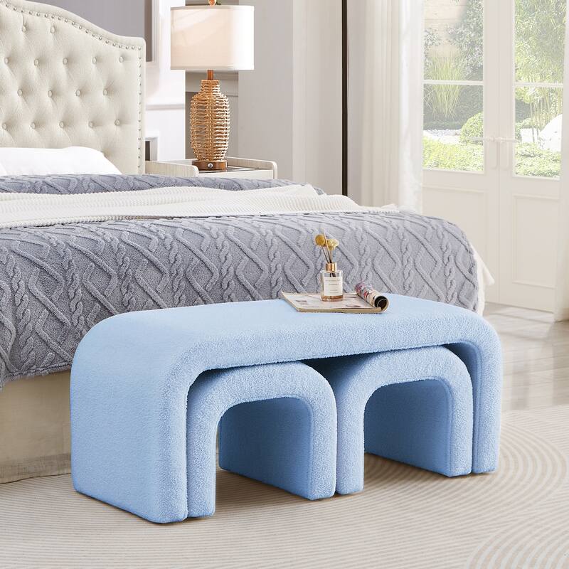 3-Piece End of Bed Bench Set with 2 Small Benches, Teddy Ottoman Bench Sofa Footrest for Entryway, Living Room