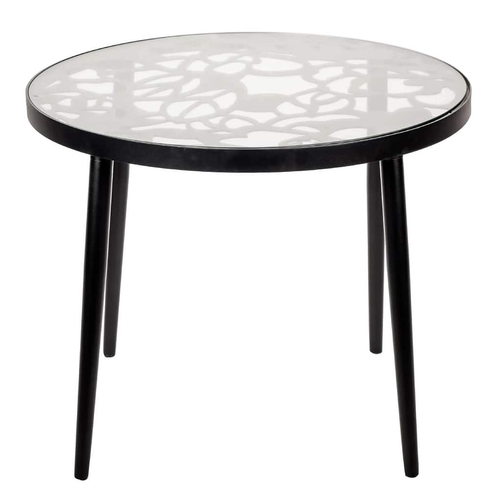 Devon Decorative Modern Floral Cutout Glass Top Patio Coffee Side Table with Aluminum Frame for Indoor Outdoor - 23 x 23
