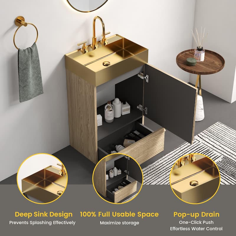20" Striped Bathroom Vanity with Integrated Brushed Gold Stainless Steel Bathroom Sink, One-Piece Metal Basin without Faucet