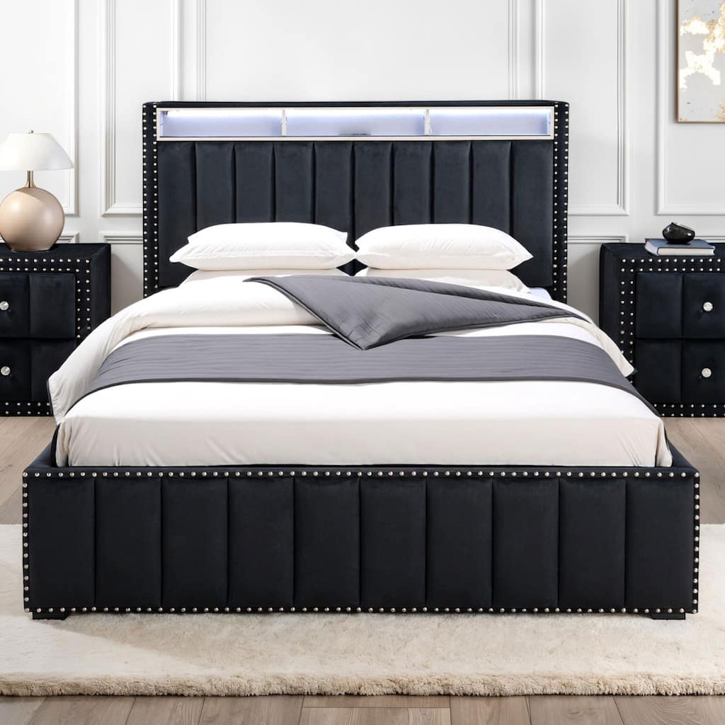 247 Shop At Home Fynor Modern Velvet Full Kids Platform Bed with LED Headboard, USB Ports and Shelves