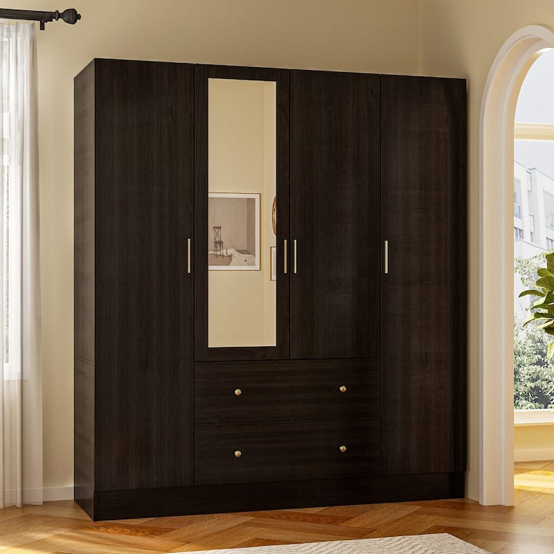 Wardrobe Armoire Wooden Closet with Mirror Storage Cubes Hanging Rod