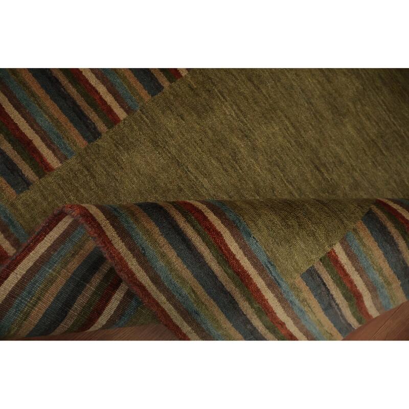 Hand Knotted Oriental 100% Wool Carpet Modern Geometric Green Gabbeh Area Rug - 5' 7'' X 3' 5''