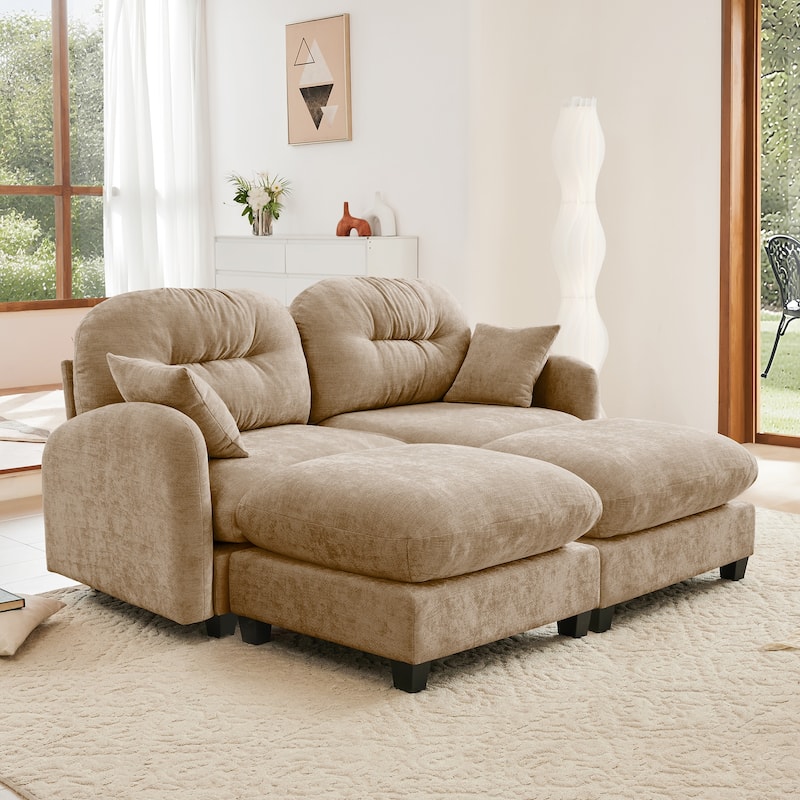 2 Seat Chenille Sofa Round Arms Sectional Sofa, Modern 74" Tufted Back Couch with Ottoman for Lving Room, Small Space