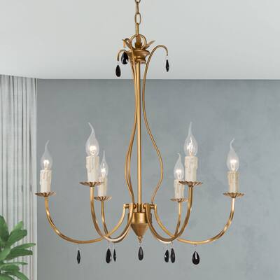 Modern 6-Light Brushed Gold Chandelier Mid Century Ceiling Light with Black Crystals - D23"xH24"