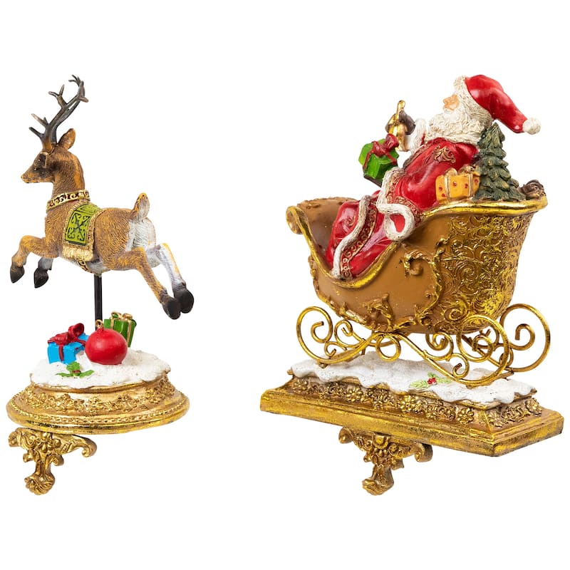 Set of 2 Gold Santa Reindeer Glittered Christmas Stocking Holders 9.5"
