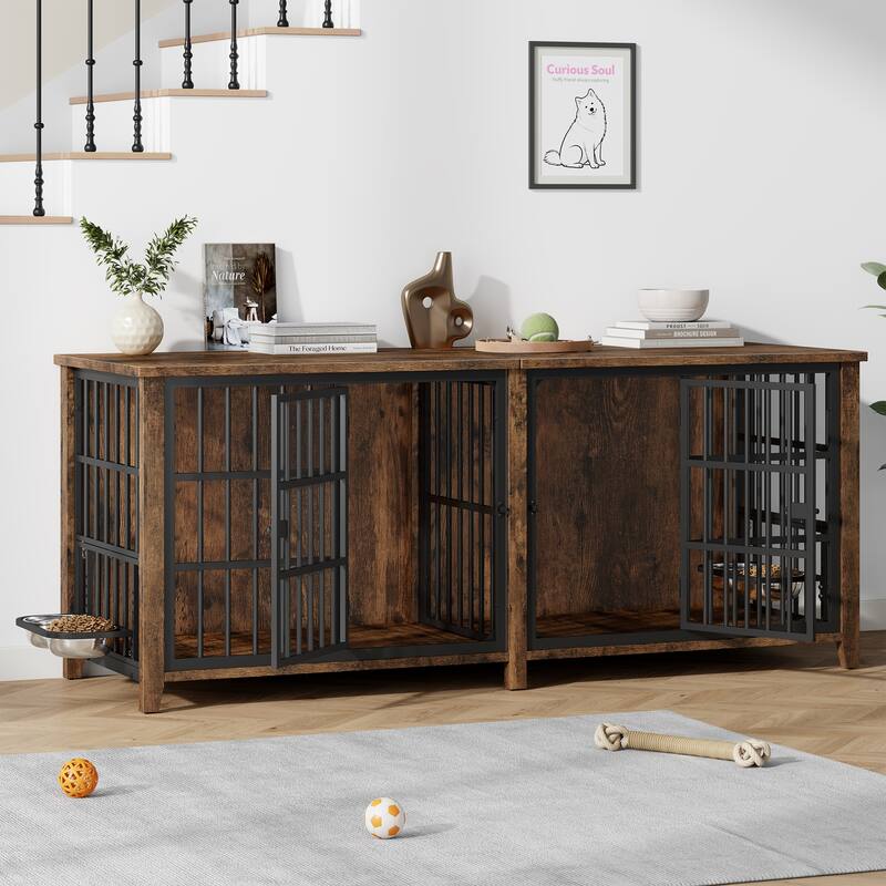 Large Dog Crate Furniture, 78"L Wooden Dog Crate Kennel with Removable Divider