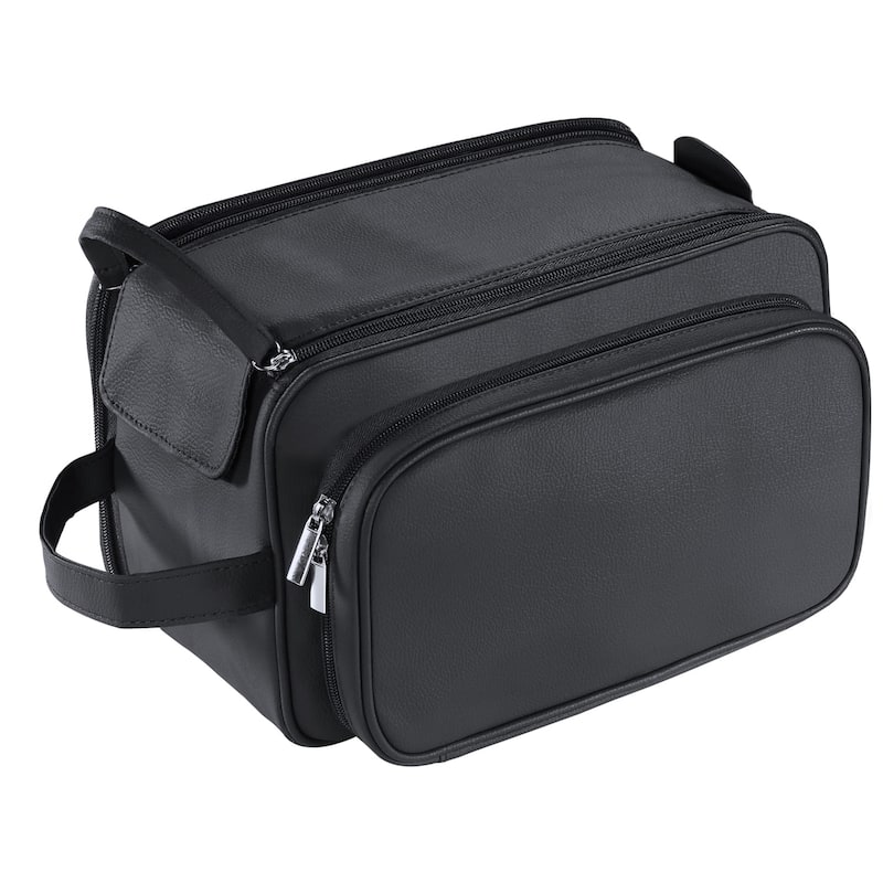 PU Leather Toiletry Bag for Men - Water-Resistant Travel Dopp Kit for Grooming, Shaving, Cosmetics & Accessories - Black