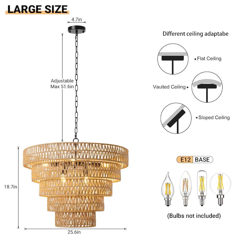 8-Light Dimmable Hand-Woven Rattan Tiered Chandelier