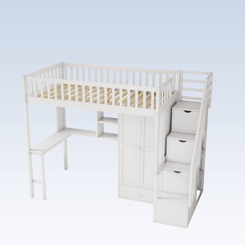 Modern Twin size Loft Bed with Bookshelf,Drawers,Desk,and Wardrobe