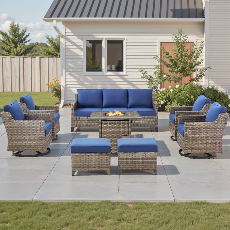 Pocassy 8-Piece Fire Table w/ Sofa Swivel Chair Ottoman - Blue Cushion Gray Wicker - 8-Piece Fire Table w/ Sofa Swivel Chair Ottoman