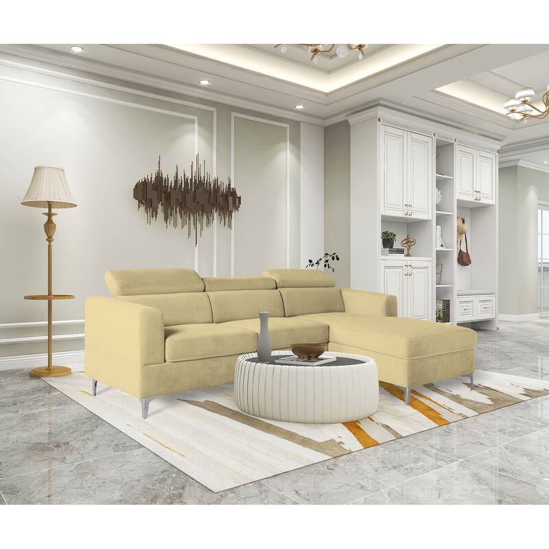 83.4" Beige Sectional Sofa beige velvet sofa with Adjustable Headrest