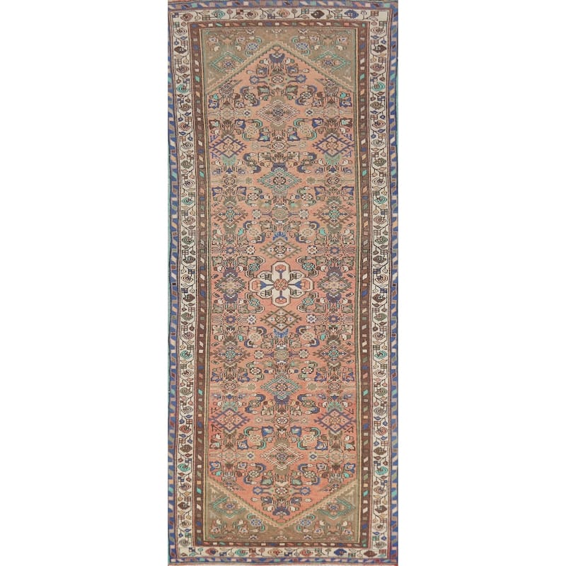 Hand Knotted Oriental 100% Wool Carpet Traditional Geometric Coral Hamedan Runner Rug - 10' 4'' X 3' 3''