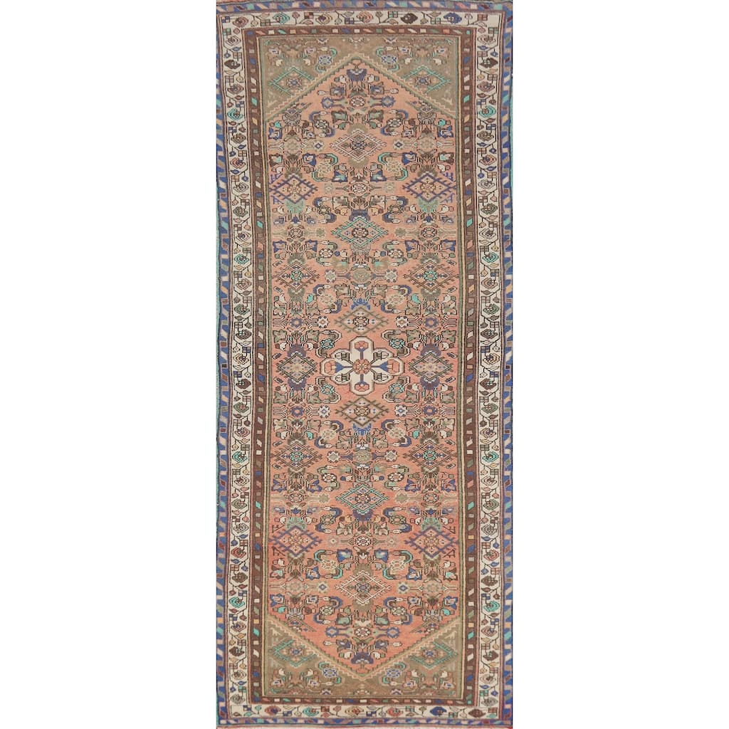 Hand Knotted Oriental 100% Wool Carpet Traditional Geometric Coral Hamedan Runner Rug - 10' 4'' X 3' 3''