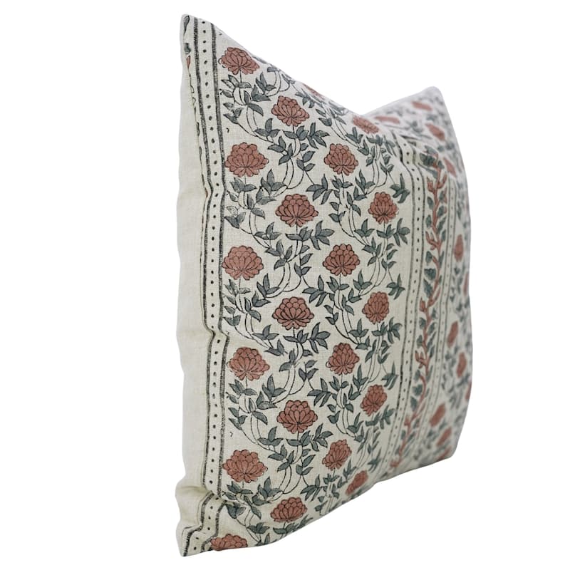Fabdivine Handmade 26x26 Inch Linen Floral Pillow Cover for Chair, Dining or Bed Brown Soft Block Print Cushioncase, Khoobsurat