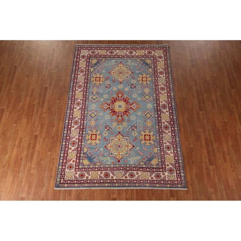 Light Blue Kazak Geometric Area Rug Wool Carpet - 6'7" x 9'10"